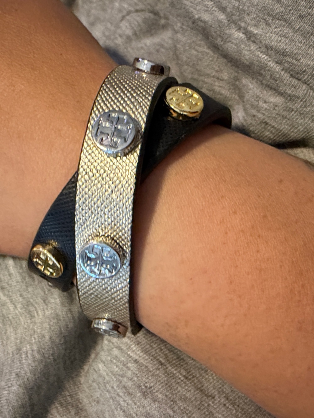 Tory Burch Black Leather Double Wrap Bracelet with Mixed Metal Logo Studs